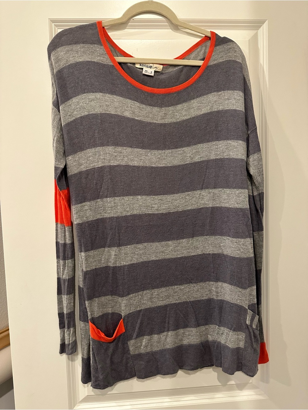 Kensie Gray Stripe Long-Sleeve Tee with Orange Trim